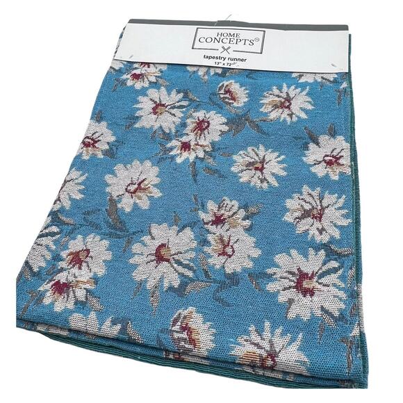Blue Red White Daisy Floral Tapestry Table Runner 13 x 72" Spring Summer NEW - Picture 1 of 5